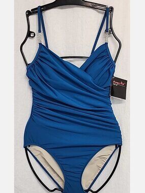 SHAPE FX BLUE TUMMY CONTROL SWIMSUIT-SIZE 8- BEJEWELED WRAP RUCHED- ONE-PIECE
